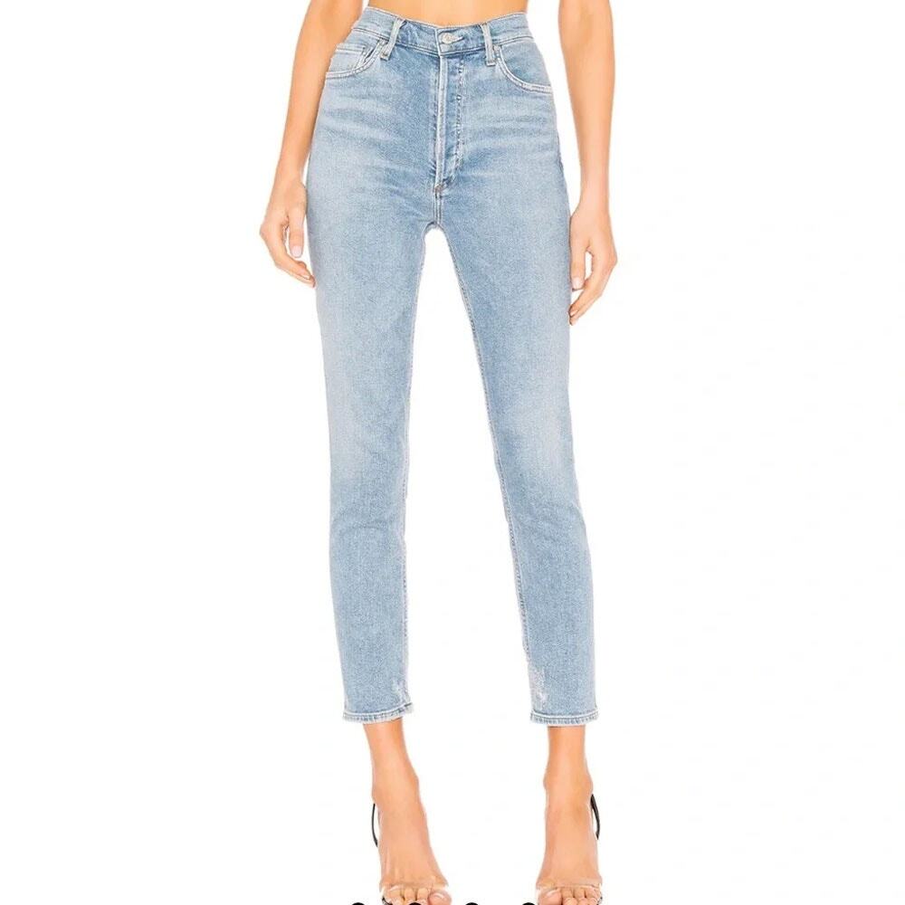 Agolde Nico High Rise Slim Fit Jeans in Embark Sz 29x26.5 Light Wash Distressed